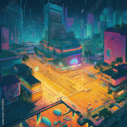 abstract illustrated futuristic city at night 