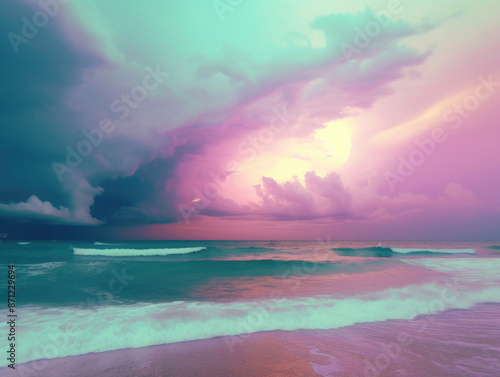 sunset over the beach with pink and purple and clouds and sun