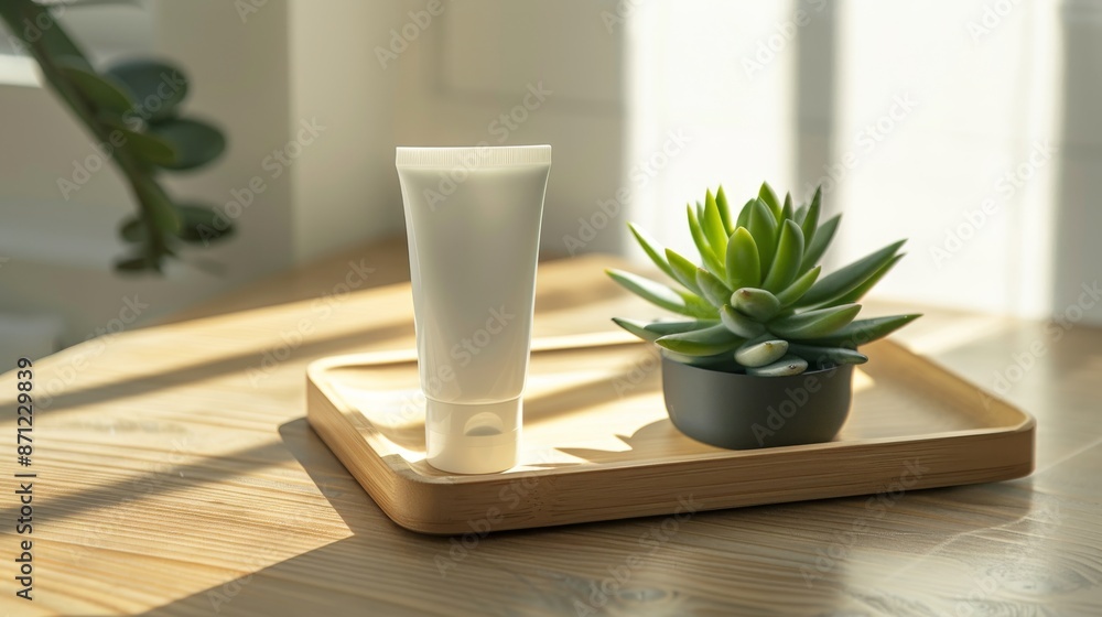 Cosmetic tube and succulent on wooden tray in sunlight, minimalistic skincare concept Cosmetic tube and succulent on wooden tray in sunlight, minimalistic skincare concept
