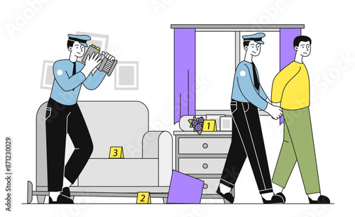 Police at crime scene. Officers lead prisoner to exit of apartment. Criminal caught in act. Law enforcement, safety and security. Linear flat vector illustration
