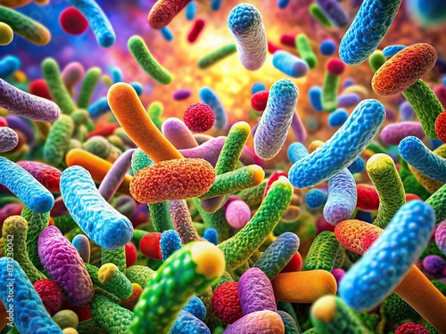 Colorful microscopic view of beneficial lactic acid bacteria, including bifidobacterium, lactobacillus photo