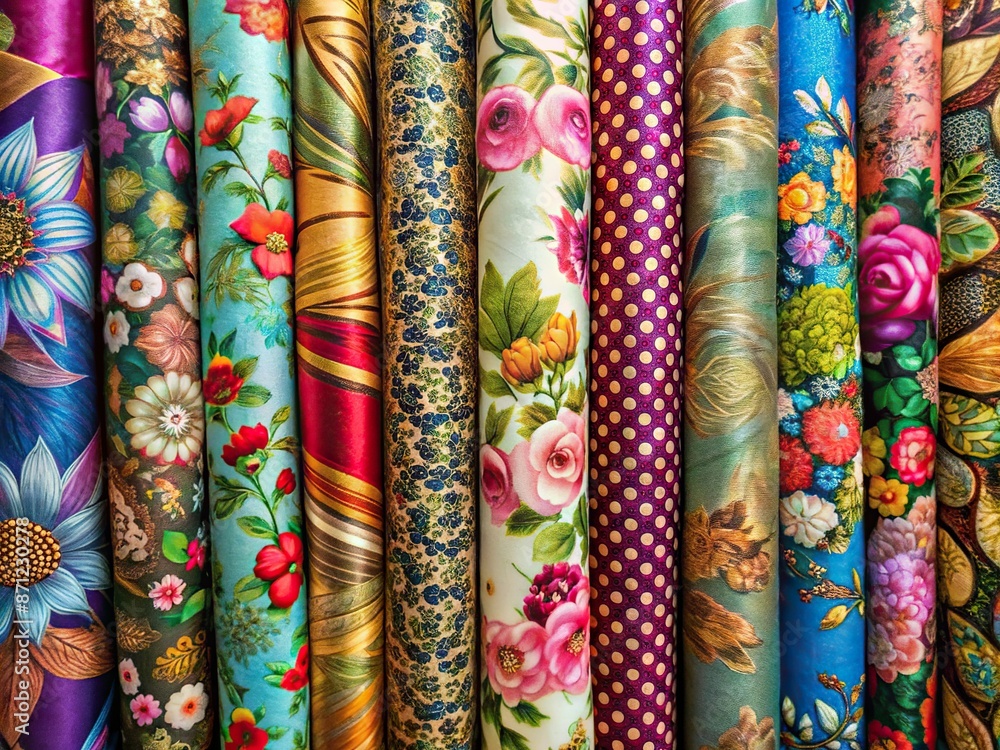 Vibrant assortment of luxurious silk fabrics in diverse patterns, textures, and colors, featuring florals, stripes, geometrics, and polka dots, perfectly arranged in seamless repeat. Vibrant assortment of luxurious silk fabrics in diverse patterns, textures, and colors, featuring florals, stripes, geometrics, and polka dots, perfectly arranged in seamless repeat.