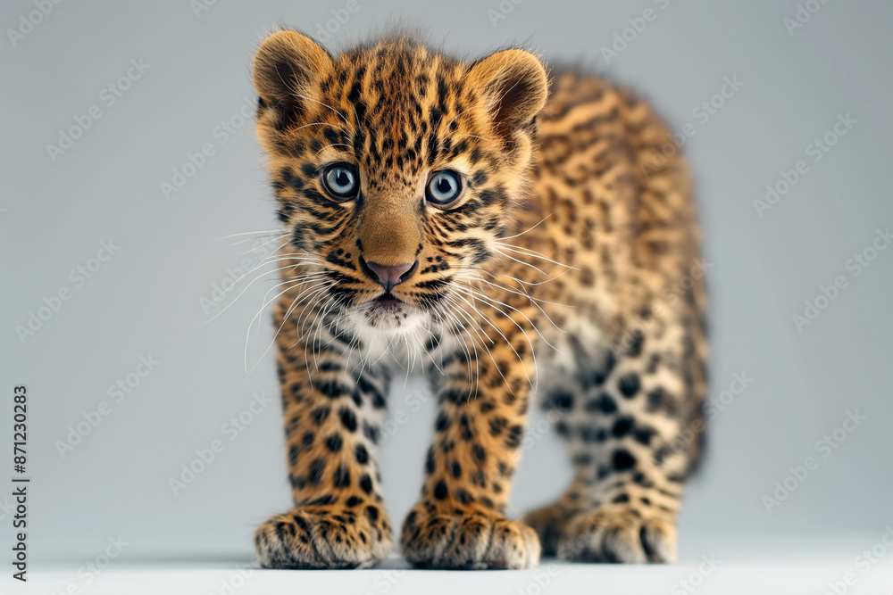 Full shot of baby leopard looking at the camera on a gray studio background Full shot of baby leopard looking at the camera on a gray studio background
