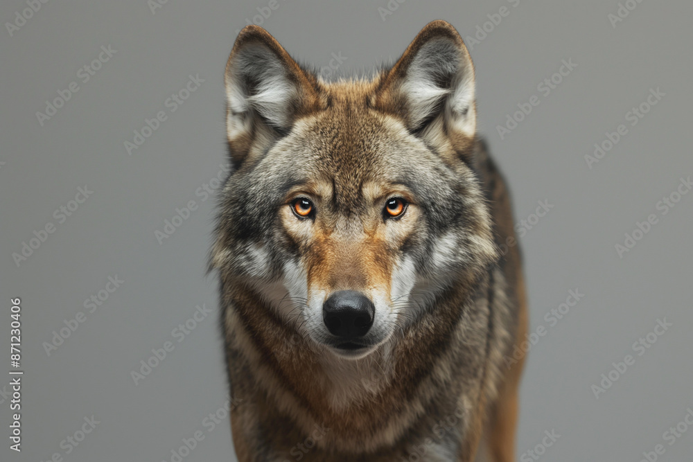 Fototapeta premium Head shot of wolf looking at the camera on gray studio background front view