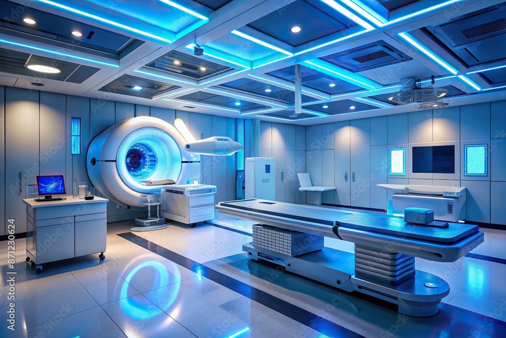 Futuristic cancer screening center with advanced imaging tools and AI-powered workstations detecting early signs of cancer, illuminated by soft blue lighting and minimalist decor. Futuristic cancer screening center with advanced imaging tools and AI-powered workstations detecting early signs of cancer, illuminated by soft blue lighting and minimalist decor.
