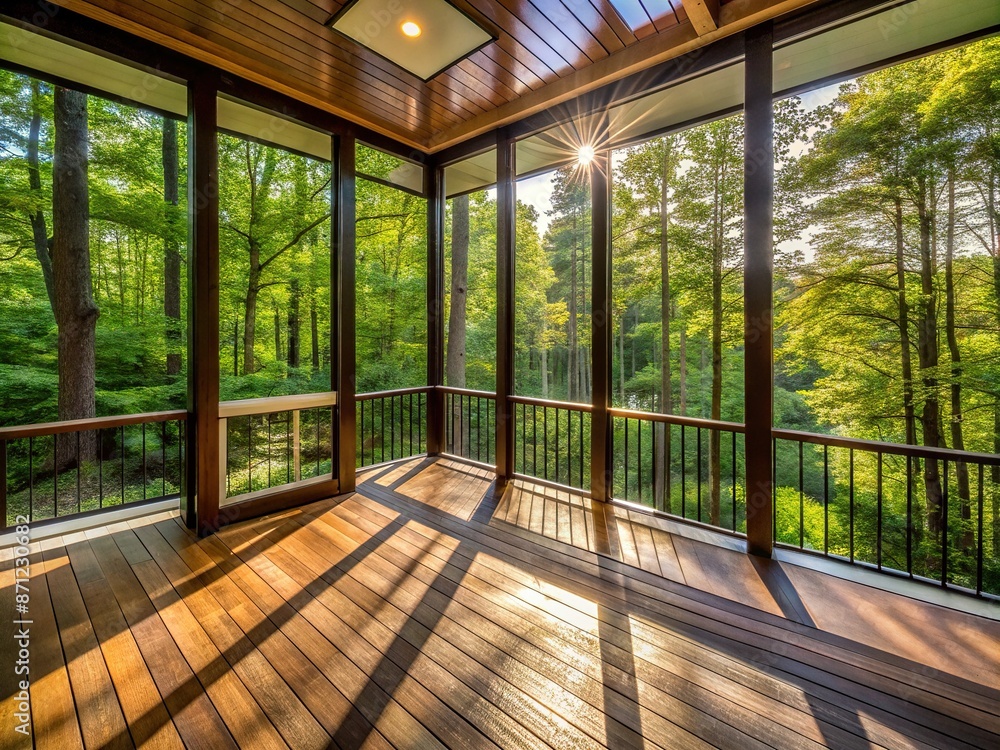 Sleek screened porch with modern plastic windows and durable composite flooring surrounded by lush green summer woods and warm sunlight filtering through the trees. Sleek screened porch with modern plastic windows and durable composite flooring surrounded by lush green summer woods and warm sunlight filtering through the trees.