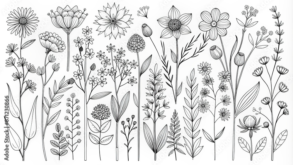 Φωτογραφία Stylized minimalist line art illustration featuring a variety of garden flowers and plants, including blooms, foliage, and branching stems, in black and white