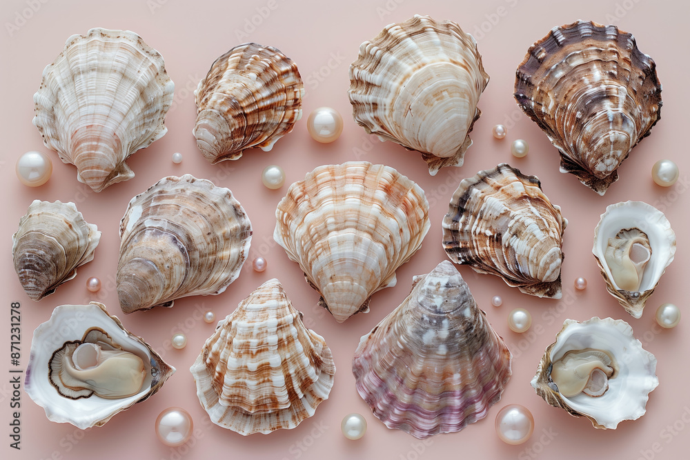Grotto Day. Oyster Day. Flat lay of freshly shucked oysters in a row on a peach background, decorated with antique silverware, seashells, and coral pink roses Grotto Day. Oyster Day. Flat lay of freshly shucked oysters in a row on a peach background, decorated with antique silverware, seashells, and coral pink roses