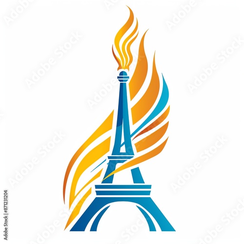 Olympic Fire Logo Design. Symbol of the 2024 Summer Olympics, sport games concept. Olympic torch with Flame on the Eiffel Tower icon in Paris, France. Illustration isolated on white background photo