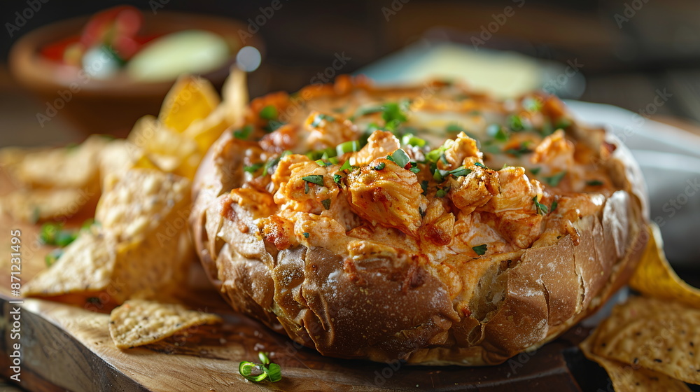 Spicy buffalo chicken dip served in a bread bowl with tortilla chips for dipping. Spicy buffalo chicken dip served in a bread bowl with tortilla chips for dipping.