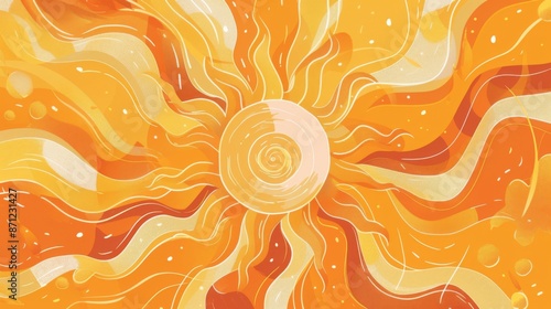 A radiant sun at the center with swirling rays in orange and yellow shades, creating a warm and inviting atmosphere, symbolizing warmth and energy.