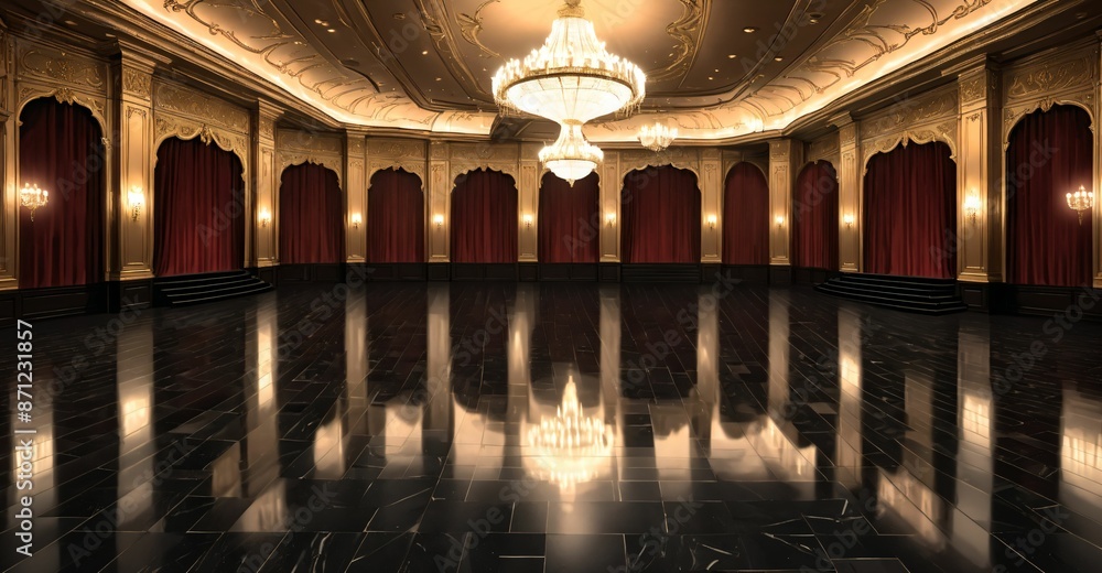 Obraz premium palace ballroom castle mansion interior design. baroque victorian empty lavish luxurious room decor. reflective dark stone floor, gold and red detailing, and intricate designs.