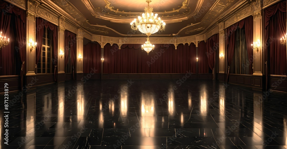 Obraz premium palace ballroom castle mansion interior design. baroque victorian empty lavish luxurious room decor. reflective dark stone floor, gold and red detailing, and intricate designs.