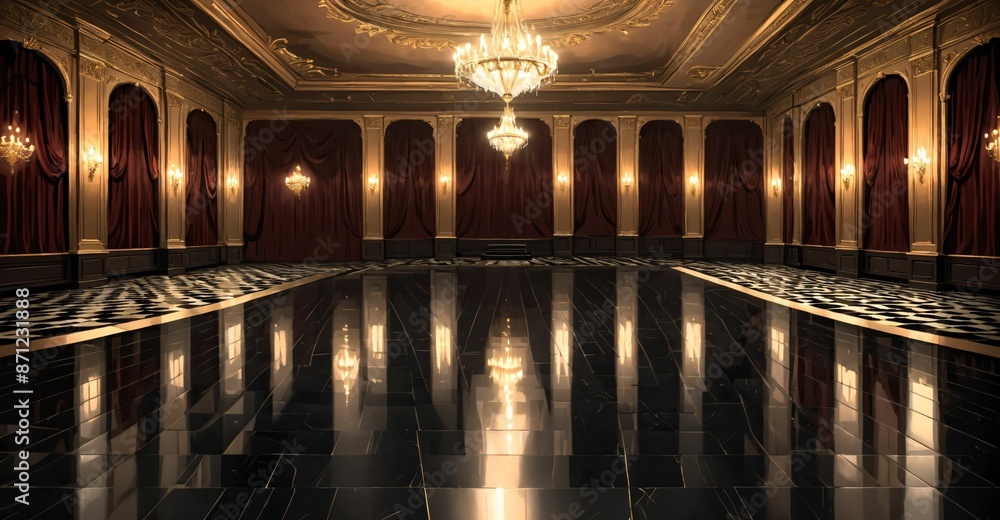 Obraz premium palace ballroom castle mansion interior design. baroque victorian empty lavish luxurious room decor. reflective dark stone floor, gold and red detailing, and intricate designs.