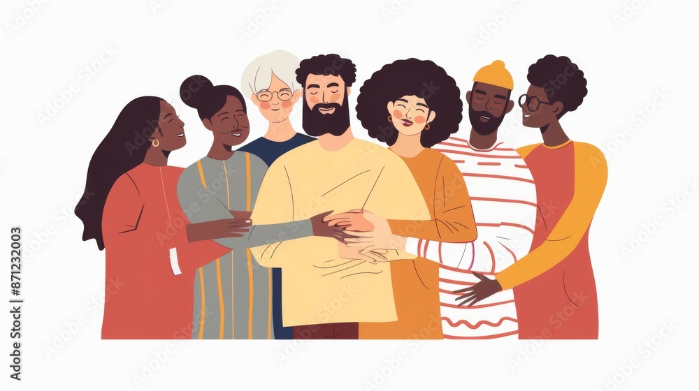 An illustration of a group of friends joyfully embracing, showcasing diversity and unity, symbolizing the warmth, love, and connection found in true friendship. An illustration of a group of friends joyfully embracing, showcasing diversity and unity, symbolizing the warmth, love, and connection found in true friendship.