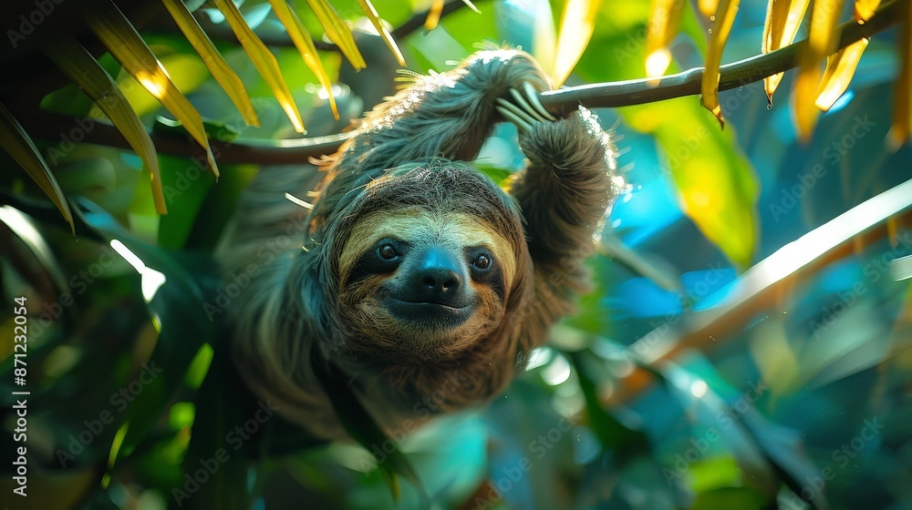 Obraz premium A sloth hanging upside down from a tree branch in a tropical rainforest, with lush greenery and dappled sunlight
