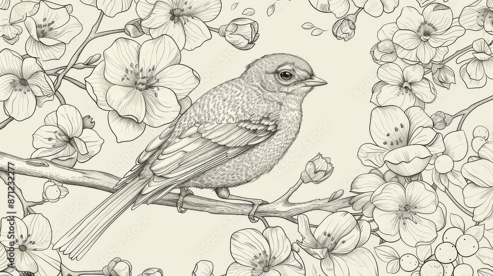 An intricate illustration of a bird perched on a branch surrounded by flowers, showcasing the detailed and delicate beauty of nature’s integration and harmony. An intricate illustration of a bird perched on a branch surrounded by flowers, showcasing the detailed and delicate beauty of nature’s integration and harmony.