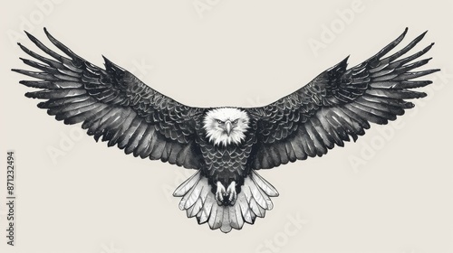 A beautiful black and white drawing of a bald eagle soaring with its wings widely stretched, exhibiting the grace and strength of this majestic bird in its natural element.