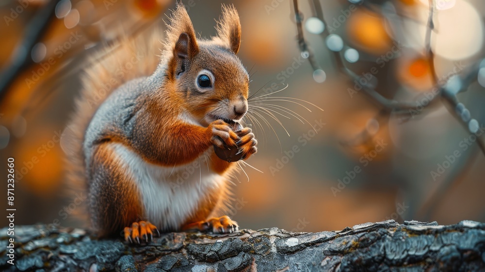 A squirrel perched on a tree branch, nibbling on an acorn, with a blurred forest background A squirrel perched on a tree branch, nibbling on an acorn, with a blurred forest background