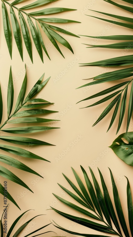 Fototapeta premium Tropical palm leaves on beige background, flat lay. Nature and botanical art concept