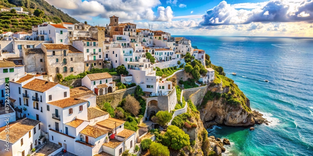Naklejka premium Seaside Village Perched on Cliffs. The vibrant colors, clear skies, and stunning natural setting create a breathtaking Mediterranean scene.