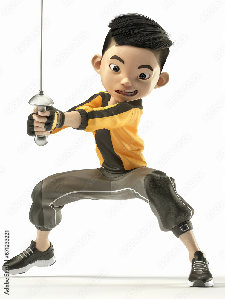 Energetic cartoon style 3D render of an Asian female fencer in action, striking a pose, white background, no logos Energetic cartoon style 3D render of an Asian female fencer in action, striking a pose, white background, no logos