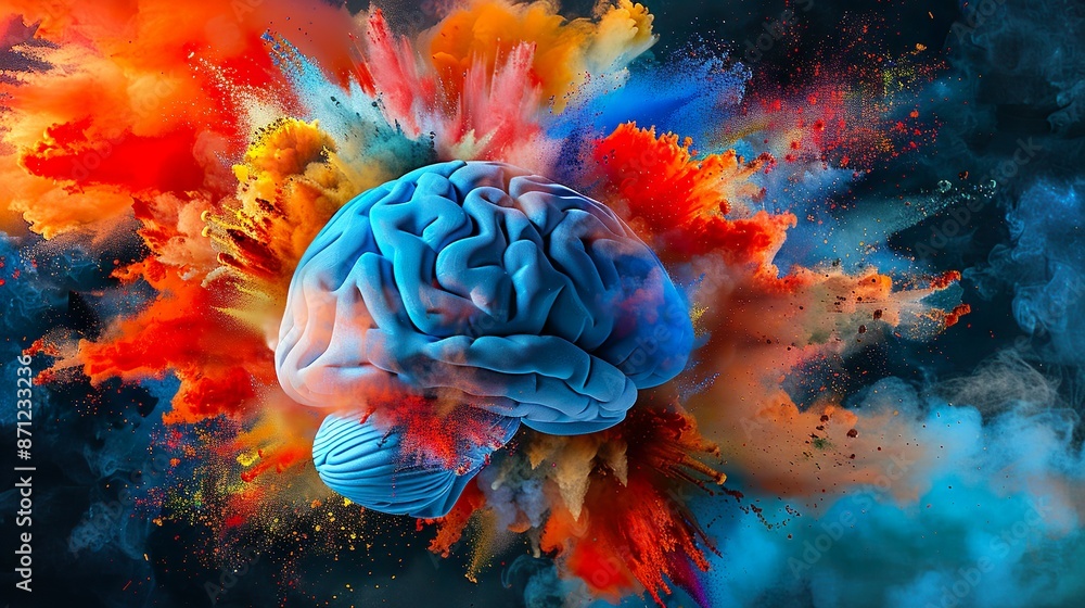Obraz premium Creative Brain with Dynamic Paint Explosion Representing Cognitive Power