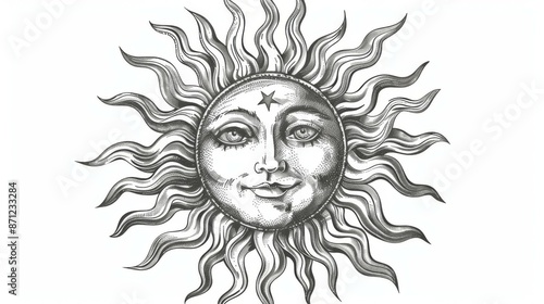 An artistic representation of the sun with a detailed human face in a black and white illustration, featuring flowing rays and a star on the forehead.