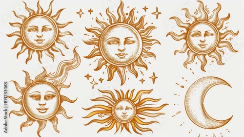 A collection of six artistic sun and moon illustrations in yellow-orange hues, featuring human faces with intricate line work and cheerful yet serene expressions.