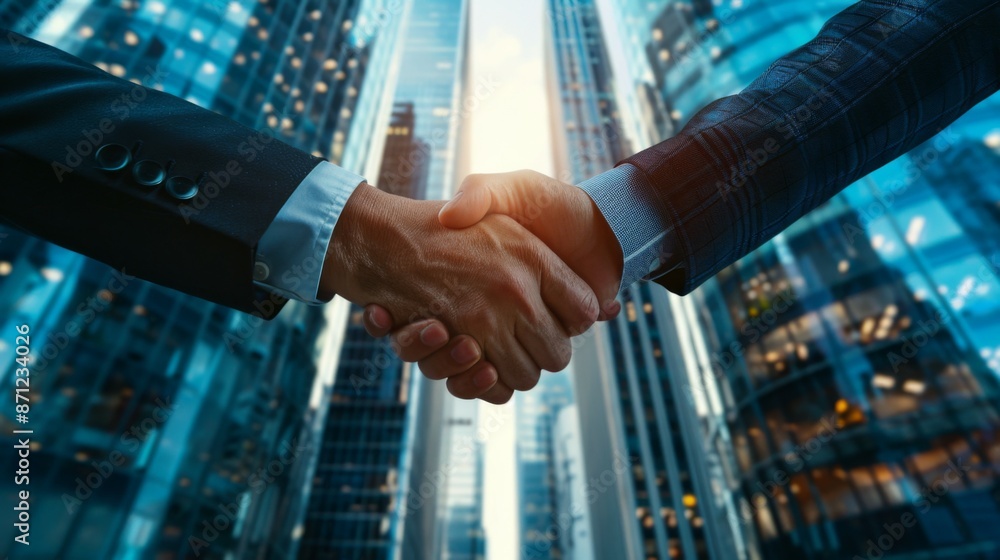 This photo captures professionals shaking hands in a downtown area with city skyscrapers in the background, representing partnership, agreements, and urban professional life. This photo captures professionals shaking hands in a downtown area with city skyscrapers in the background, representing partnership, agreements, and urban professional life.