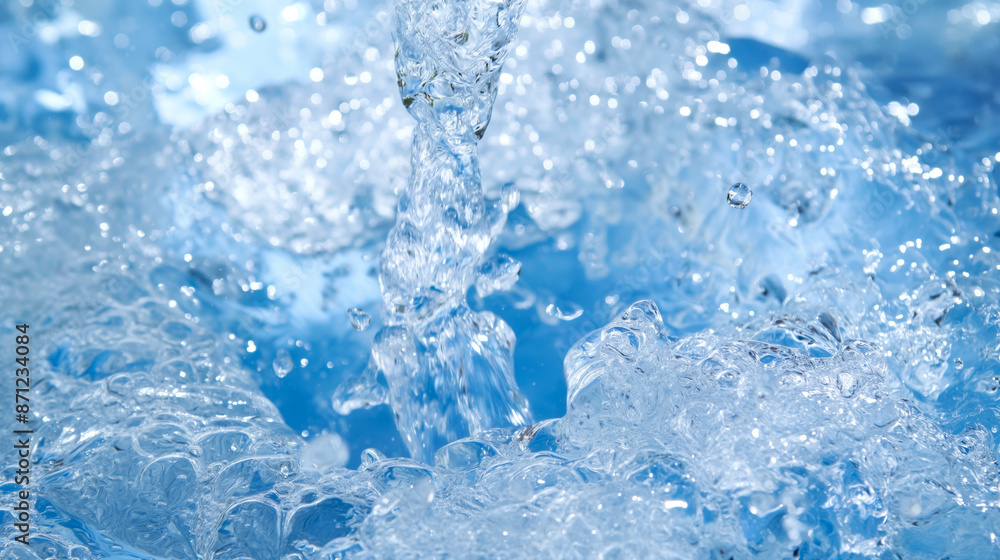 A close-up of clear, bubbling water splashing, with sparkling droplets and a blue background, capturing the dynamic movement and freshness of water in motion A close-up of clear, bubbling water splashing, with sparkling droplets and a blue background, capturing the dynamic movement and freshness of water in motion