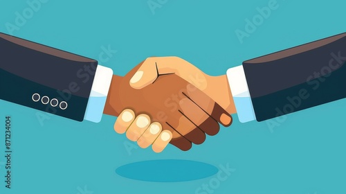This image portrays a handshake between two individuals with vibrant colors and modern flat design style, representing partnership, trust, and mutual agreement.