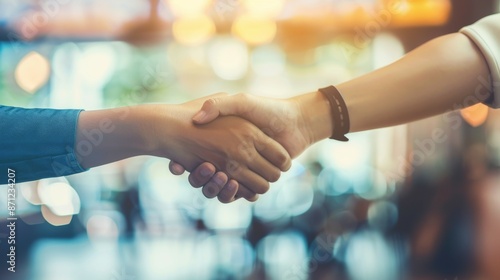 A close-up view of a handshake with a beautifully blurred background effect, emphasizing the importance of agreements, trust, and business partnerships in various settings.