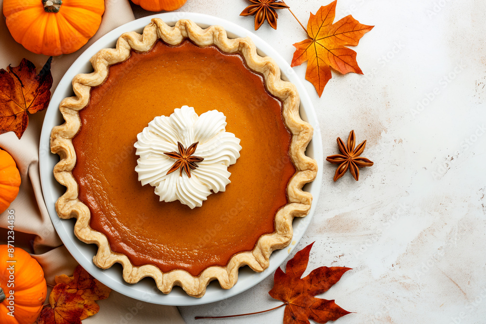 Traditional American pumpkin pie decorated with whipped cream on a light countertop top view Traditional American pumpkin pie decorated with whipped cream on a light countertop top view