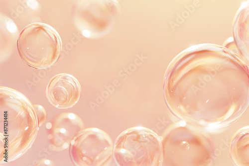 Flying soap bubbles abstract background trendy color 2024 peach fuzz