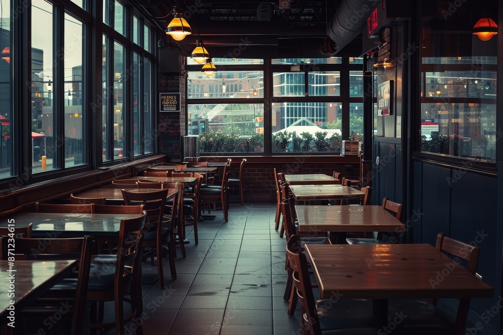 Restaurant interior with wooden tables and chairs in a row. Restaurant interior with wooden tables and chairs in a row.