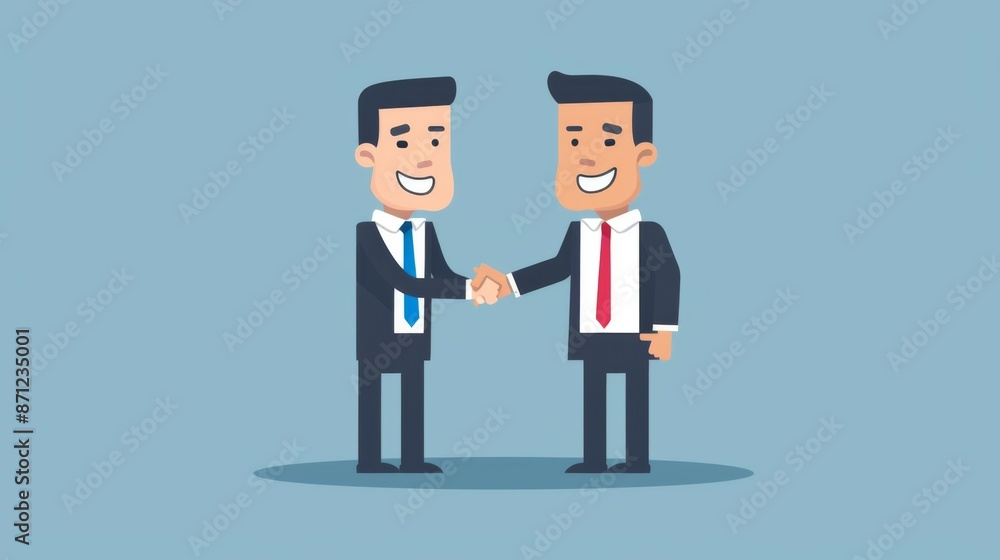 An animated image of two cartoon businessmen in suits shaking hands on a blue background, symbolizing agreement, partnership, and professional collaboration with friendly expressions. An animated image of two cartoon businessmen in suits shaking hands on a blue background, symbolizing agreement, partnership, and professional collaboration with friendly expressions.