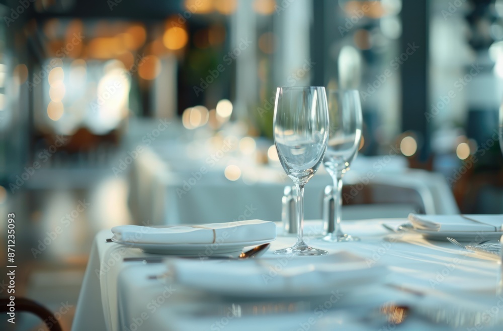 Two wine glasses on a white tablecloth in a restaurant setting. Two wine glasses on a white tablecloth in a restaurant setting.