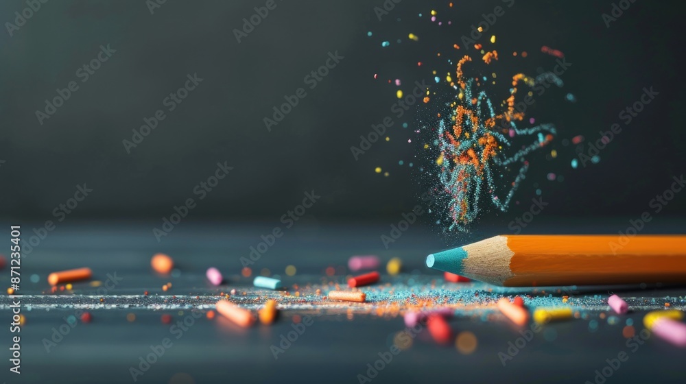 Chalkboard with colorful chalk pieces close up, focus on, copy space vivid and detailed, Double exposure silhouette with teacher writing Chalkboard with colorful chalk pieces close up, focus on, copy space vivid and detailed, Double exposure silhouette with teacher writing