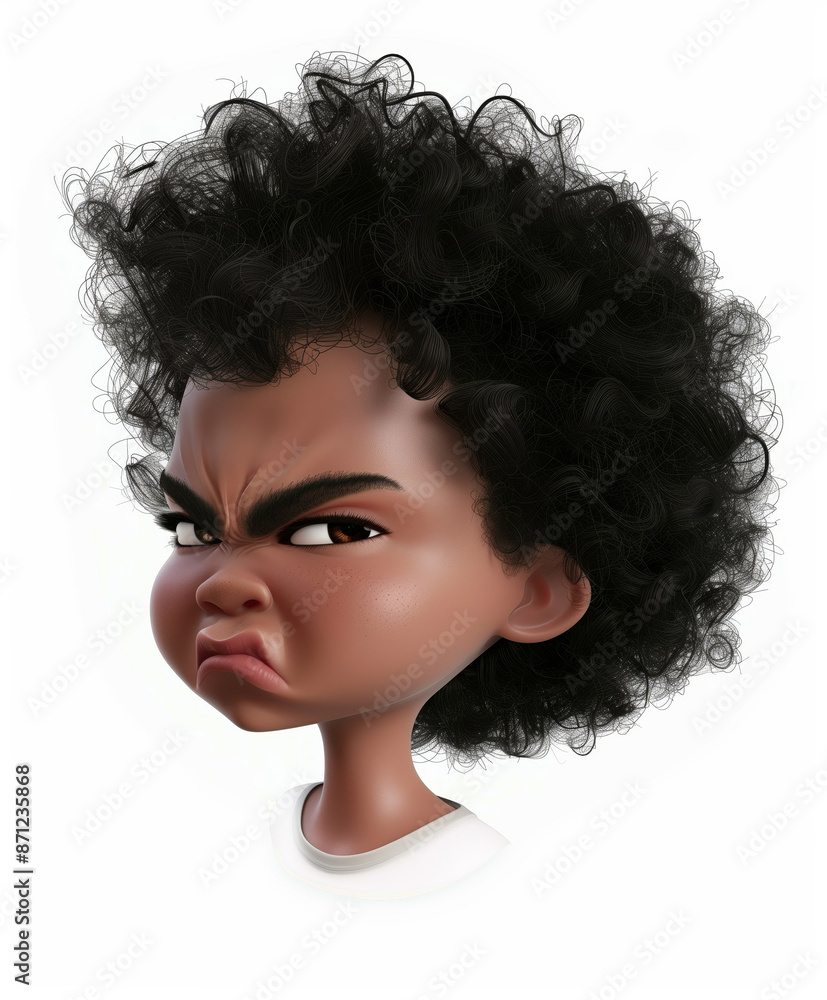 3D cartoon of a young child with a big messy afro an exaggerated angry expression, white background. Cartoon Character Angry Boy 3D cartoon of a young child with a big messy afro an exaggerated angry expression, white background. Cartoon Character Angry Boy
