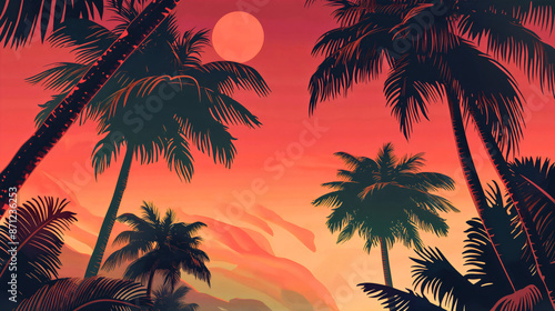 Silhouette of coconut palm trees against the orange sunset sky, illustration. Tropical summer sunrise landscape, paradise travel evening, vacation holiday coast dusk twilight sundown