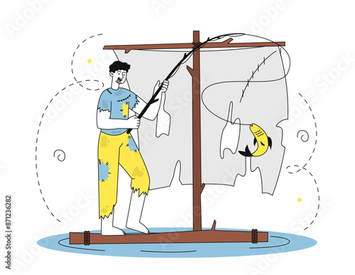 Shipwreck survivor concept. Man in torn clothes floats on raft with torn flag. Young guy after accident and disaster in sea or ocean. Linear flat vector illustration