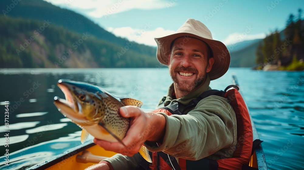 Happy fisherman holding trout in hands while sitting on river in mountains Happy fisherman holding trout in hands while sitting on river in mountains