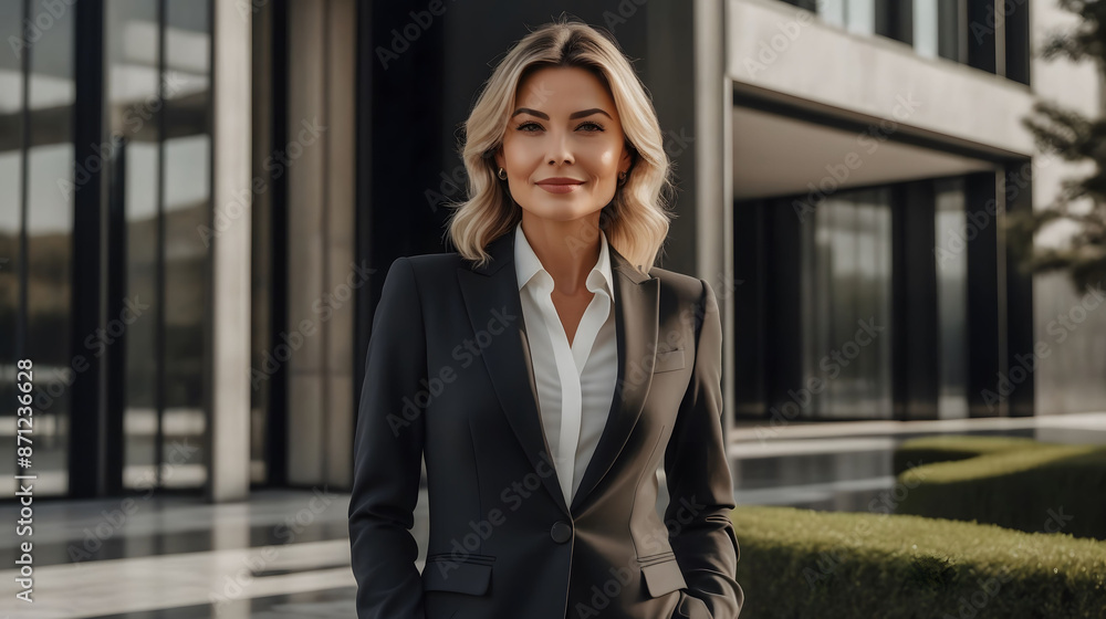 A portrait of a beautiful young business woman wearing white shirt and black suit A portrait of a beautiful young business woman wearing white shirt and black suit