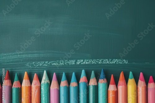 Colorful chalk on a chalkboard ledge close up, focus on, copy space bright and creative, Double exposure silhouette with classroom setting photo