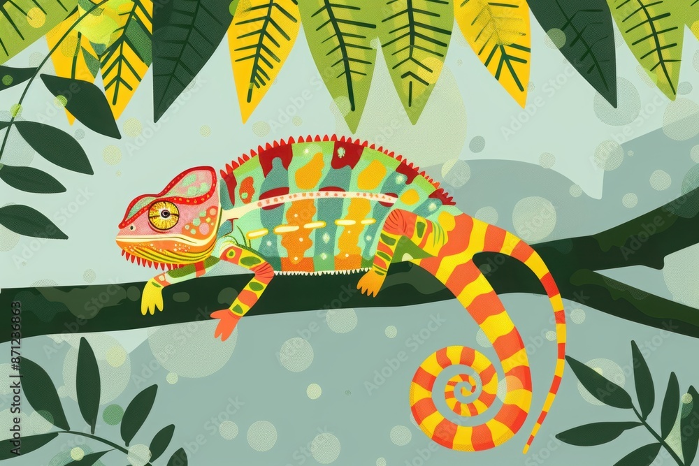 Colorful illustration of a chameleon resting on a branch in a vibrant tropical forest setting with lush green foliage. Colorful illustration of a chameleon resting on a branch in a vibrant tropical forest setting with lush green foliage.