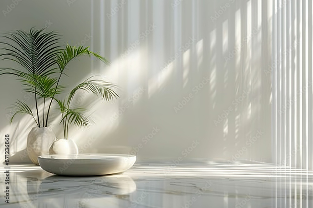 Green palm with reeded glass. White Ribbed Background. Fashion and health background. Empty spa with transparent glass. Subtle blur effect with morning lights. Green palm with reeded glass. White Ribbed Background. Fashion and health background. Empty spa with transparent glass. Subtle blur effect with morning lights.