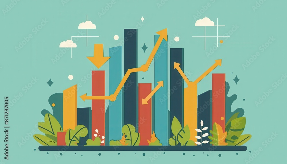 Naklejka premium Colorful infographic chart with data visualization elements, showcasing statistical trends, arrows, and bar graphs on a turquoise background.