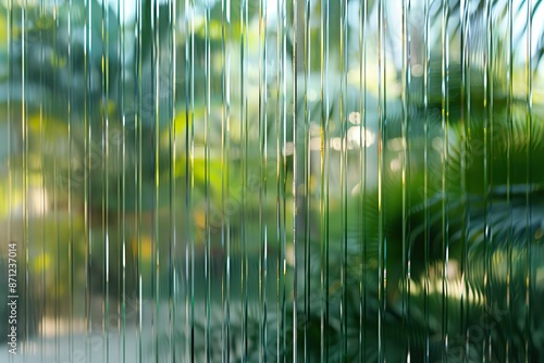 White Ribbed Background. Natural texture with leaves. Beauty and health concept. Stylish gradient with copy space. Green palm with reeded glass.