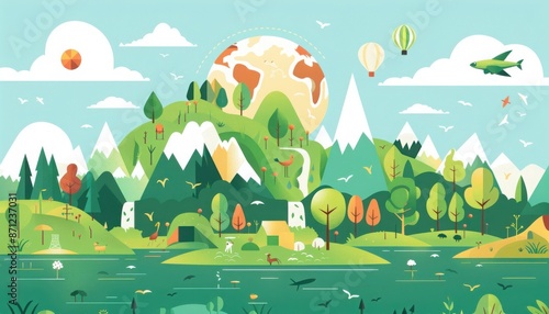 Colorful landscape illustration featuring mountains, trees, hot air balloons, and a river with a whimsical and surreal design.